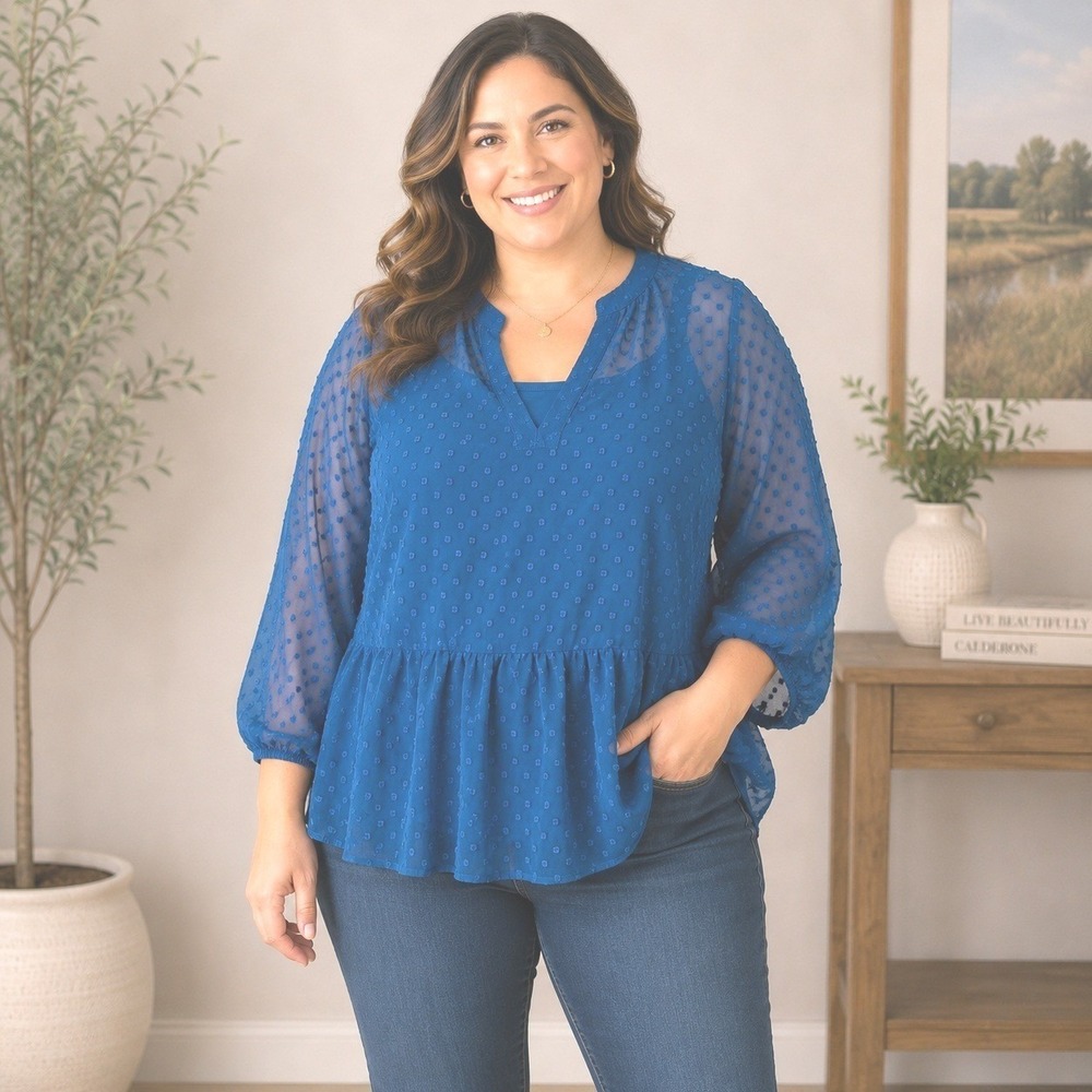Massini Swiss Dot Sheer Peplum Blouse w Cami Plus 2X Blue‎ Romantic Cottagecore